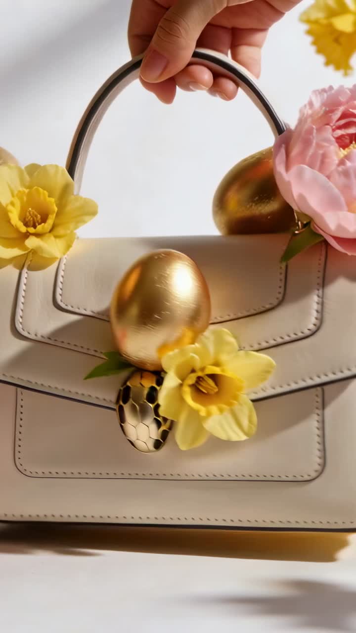 Mano adulta che solleva una borsa a mano in pelle color crema con manico superiore su un tavolo bianco, rivelando la chiusura e uova d'oro.