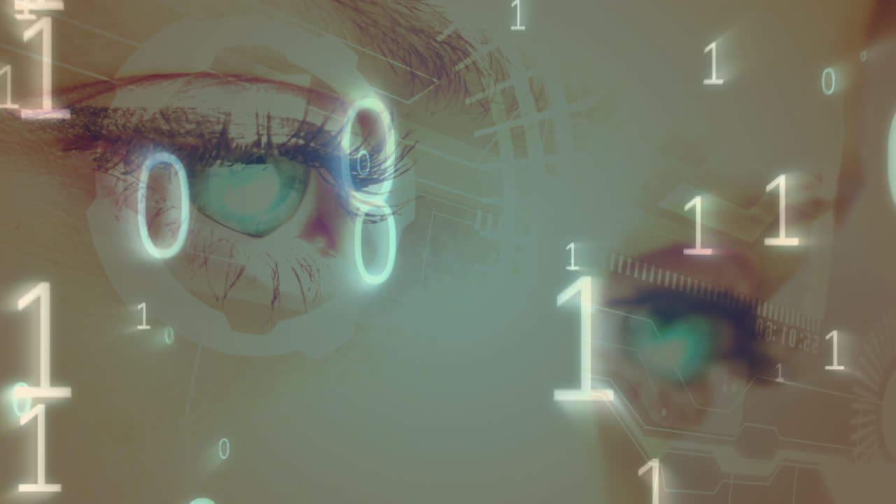 procesamiento de datos de codificación binaria y escaneo de alcance sobre el primer plano de los ojos femeninos