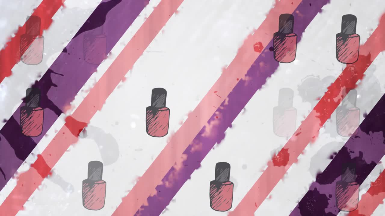 Animation of nail polish icons over colourful lines on white background