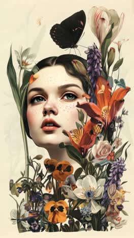 surreal video concept of a woman's profile adorned with vibrant flowers and a butterfly