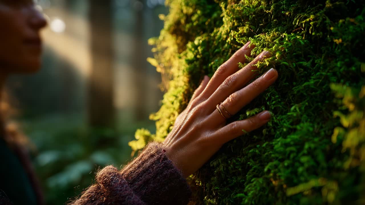 A Serene Encounter with Nature: Exploring the Textures of Moss in a Mystical Forest Setting, Illuminated by Gentle Sunlight, Inviting a Connection Between Humans and the Natural World