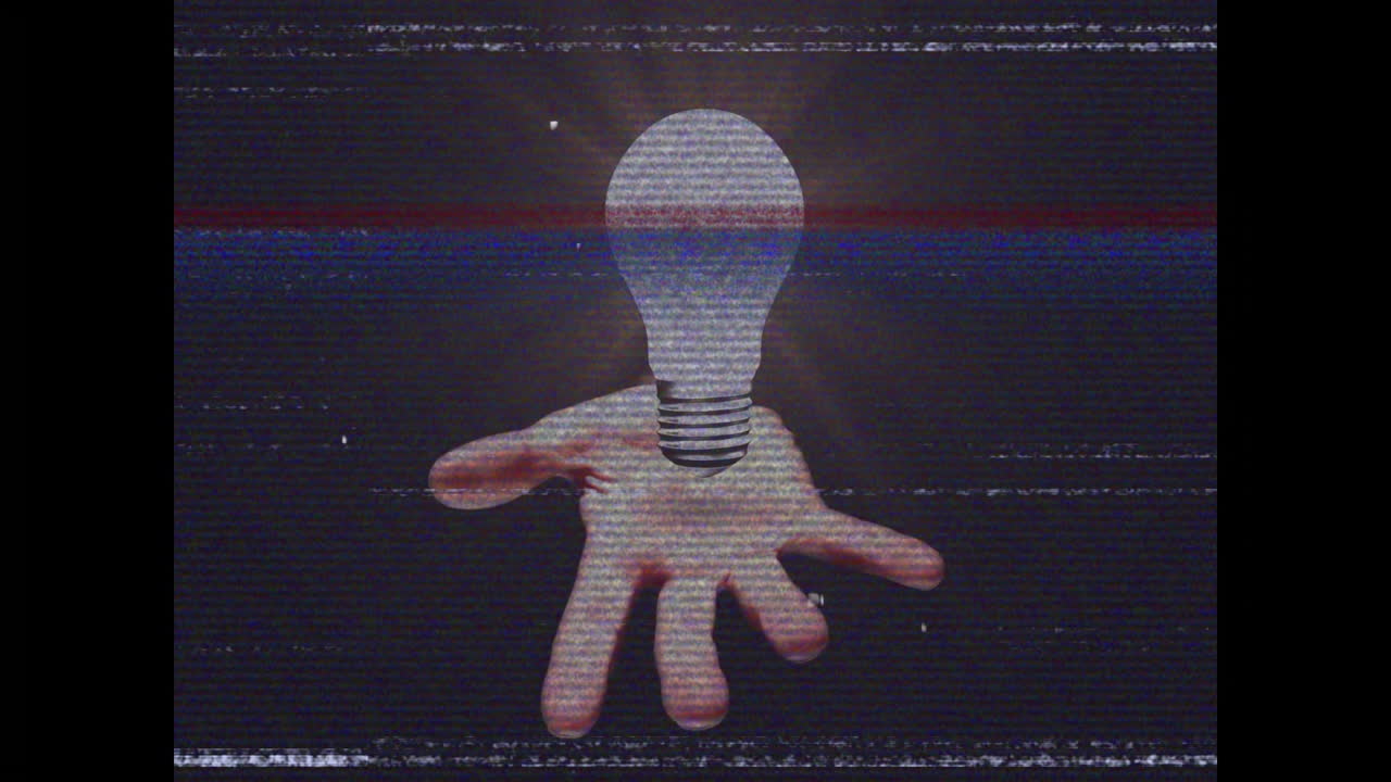 Reaching hand touching glowing light bulb on dark background, animation concept