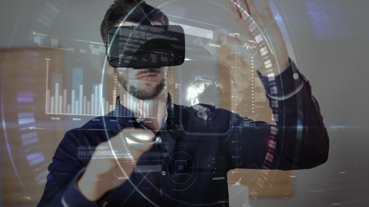 usando auriculares de realidad virtual, el hombre interactuando con animación de visualización de datos futuristas