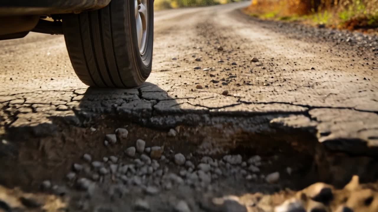 Rolling front wheel hitting pothole edge, kicking stones and dust while moving along country lane