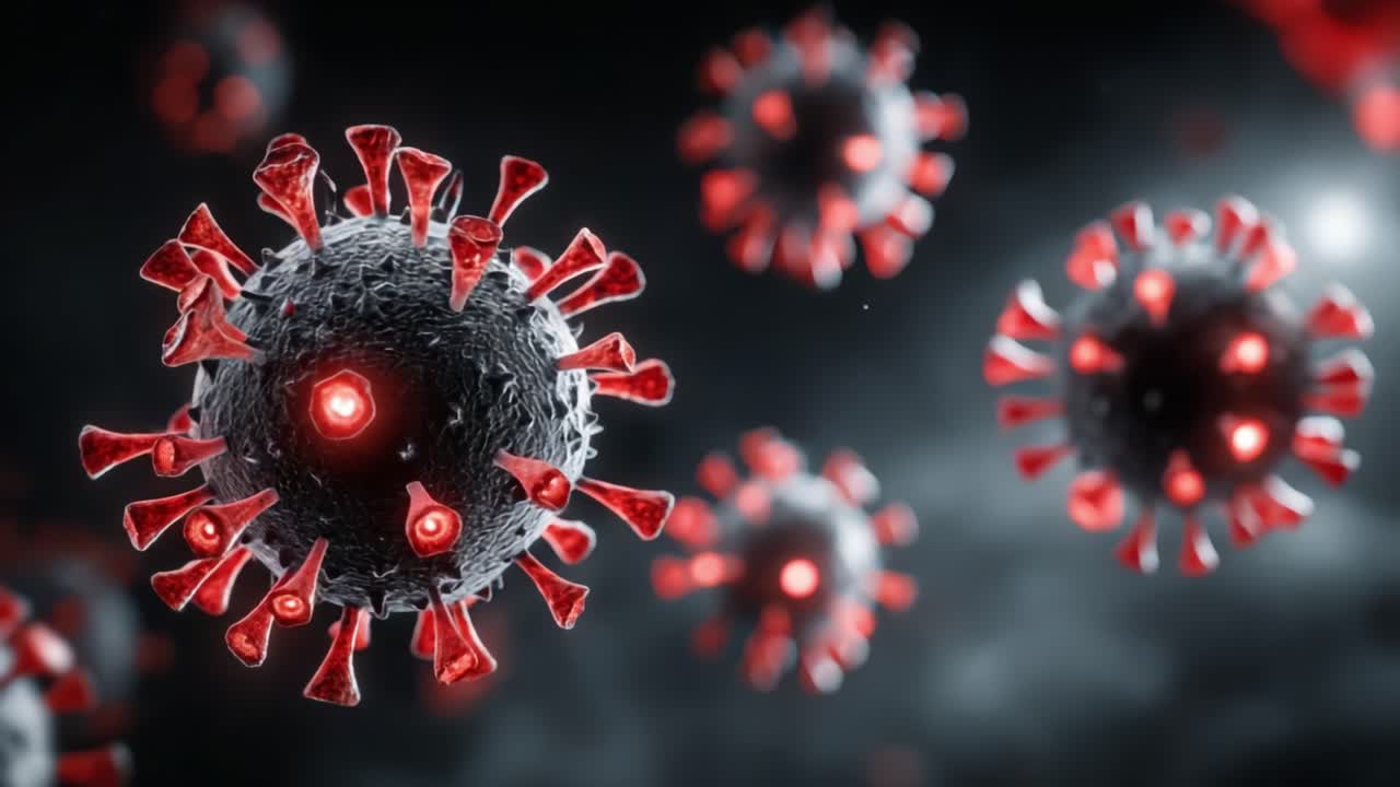 Dynamic Close-Up of Virus Particles with Red Spikes, Showcasing Intricate Details and Structures in a Three-Dimensional Visualization of Microbial Life