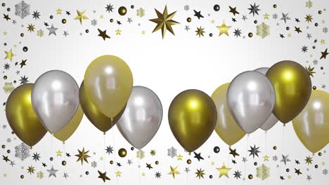 Animation-of-gold-and-silver-balloons-with-stars-on-white-background