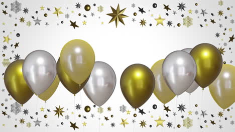 animación de globos de oro y plata con estrellas en fondo blanco