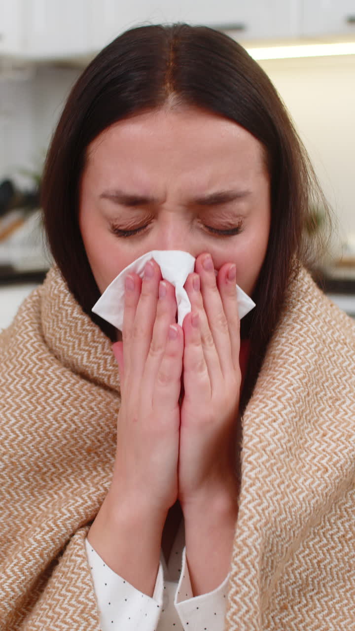 Young woman wrapped in blanket sneezes uses napkin cold flu symptoms sniffles unwell tired weak rest