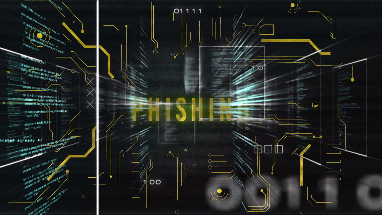 Phishing text with digital data streams and binary code animation