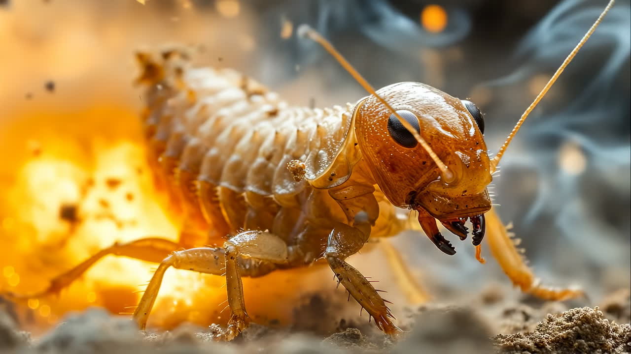 Action-packed giant insect scene. A giant insect emerges from the ground, surrounded by sparks and flames, creating a dramatic and intense atmosphere