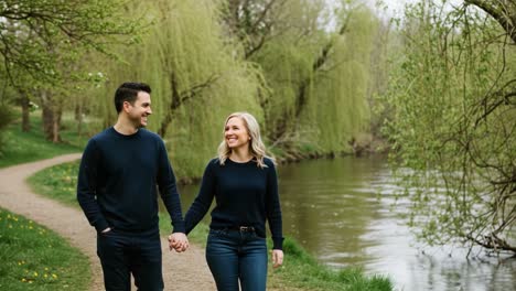 couple walking hand-in-hand by a river in a park