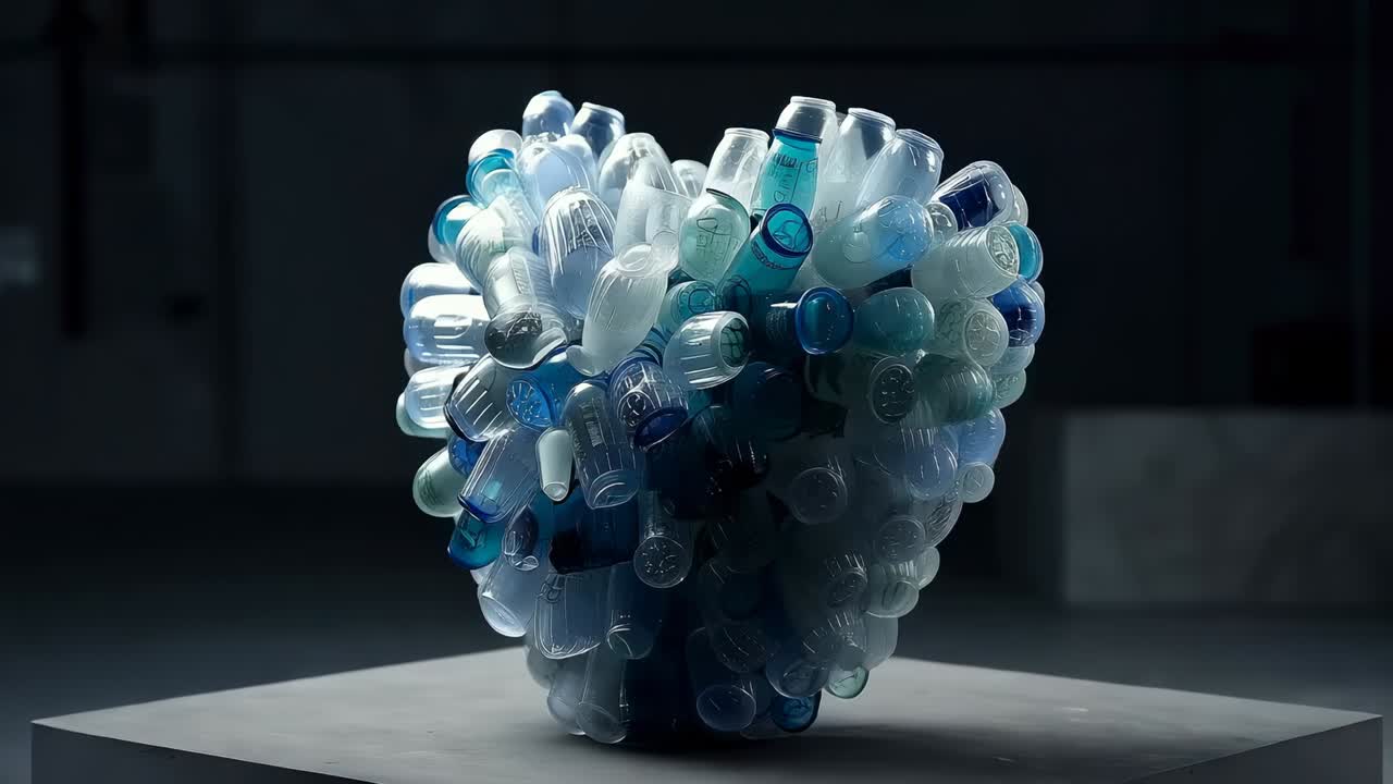 Panning camera showing plastic-bottle sculpture on low pedestal in dim gallery, highlighting heart