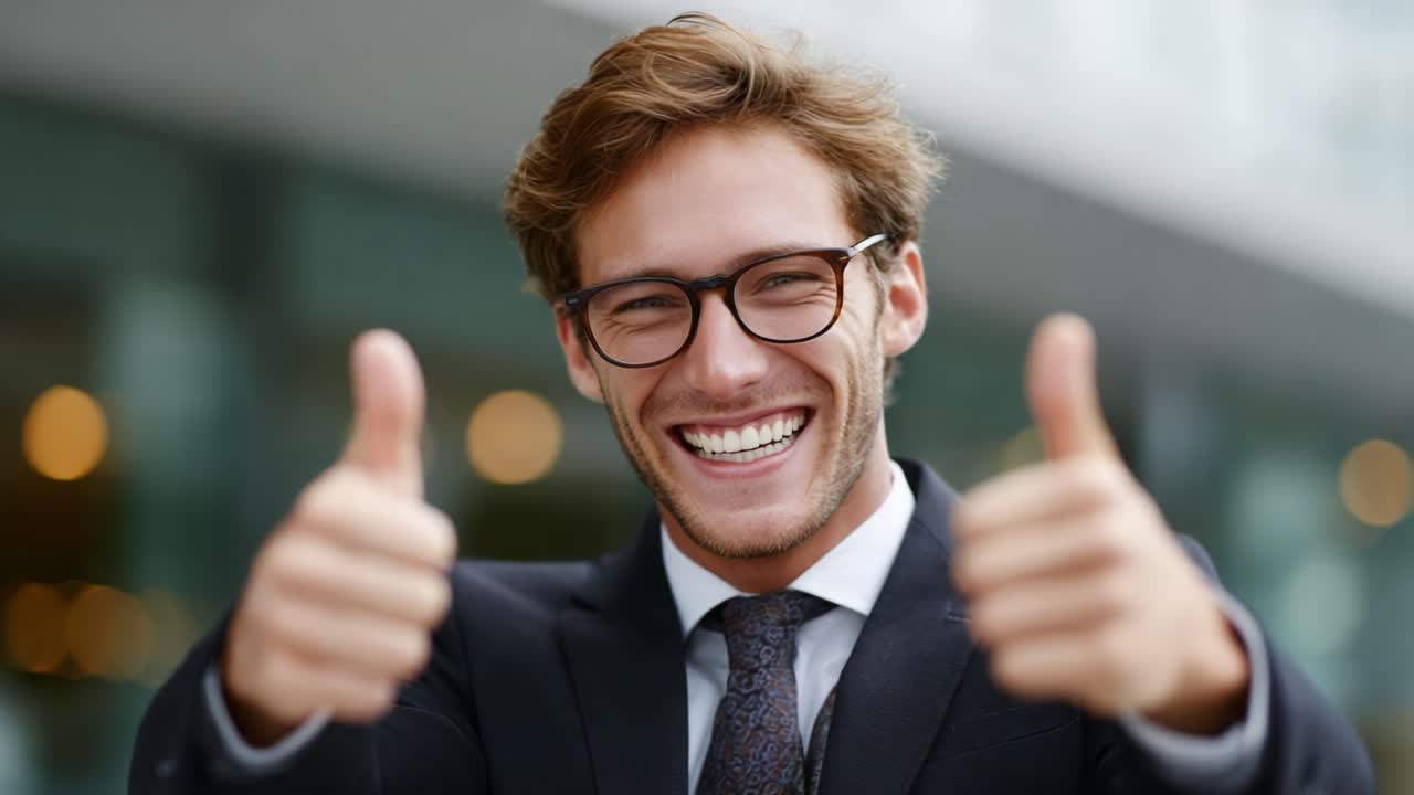 A cheerful young man in a suit and glasses gives a thumbs-up gesture while smiling widely, exuding positivity and confidence in an outdoor urban setting