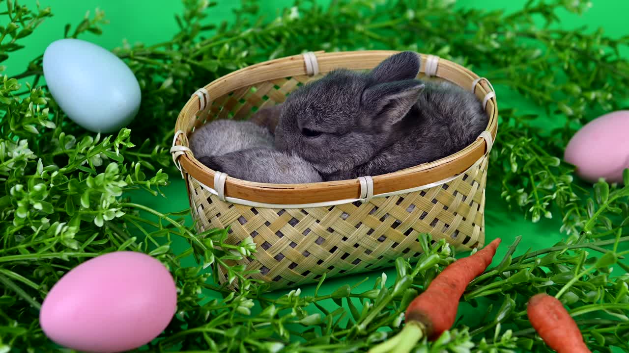 초록색 스크린 배경에 토끼. 영 동물과 부활절에 대한 똑똑한 애완동물