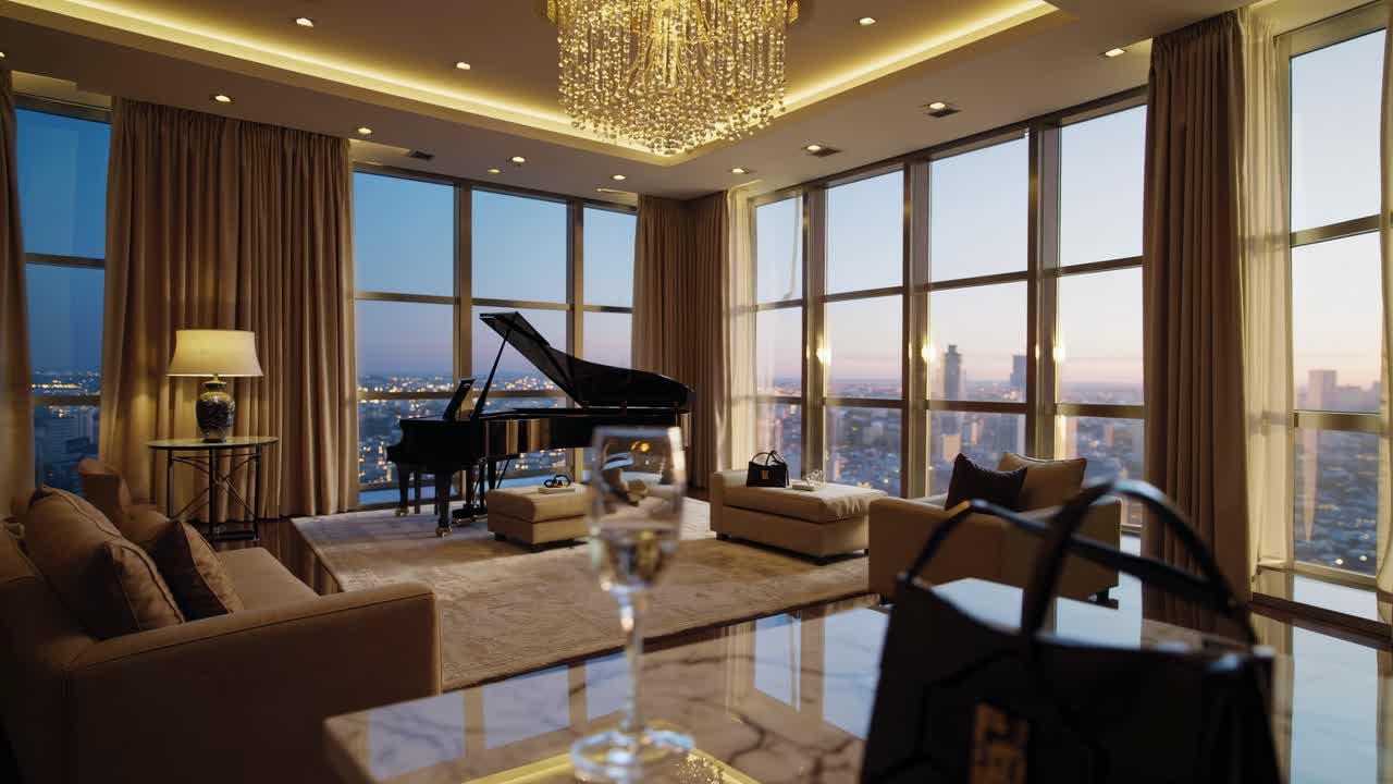 Luxurious living room with grand piano, city view at sunset