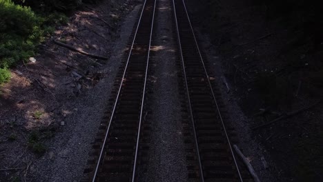 Mirando-Hacia-Abajo-Las-Vías-Del-Tren-Paralelas-En-Un-área-Boscosa-Y-Luego-Panoramizando-Hacia-El-Horizonte