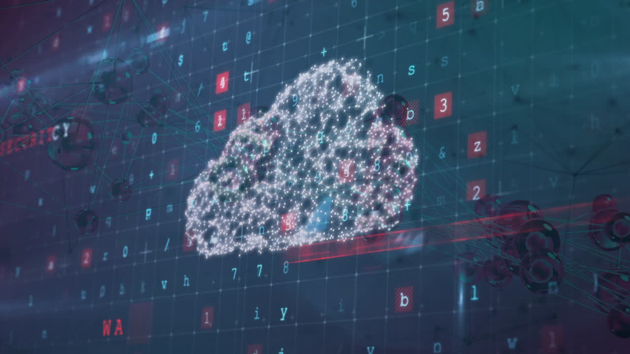 Animation of digital cloud with binary code on futuristic grid background