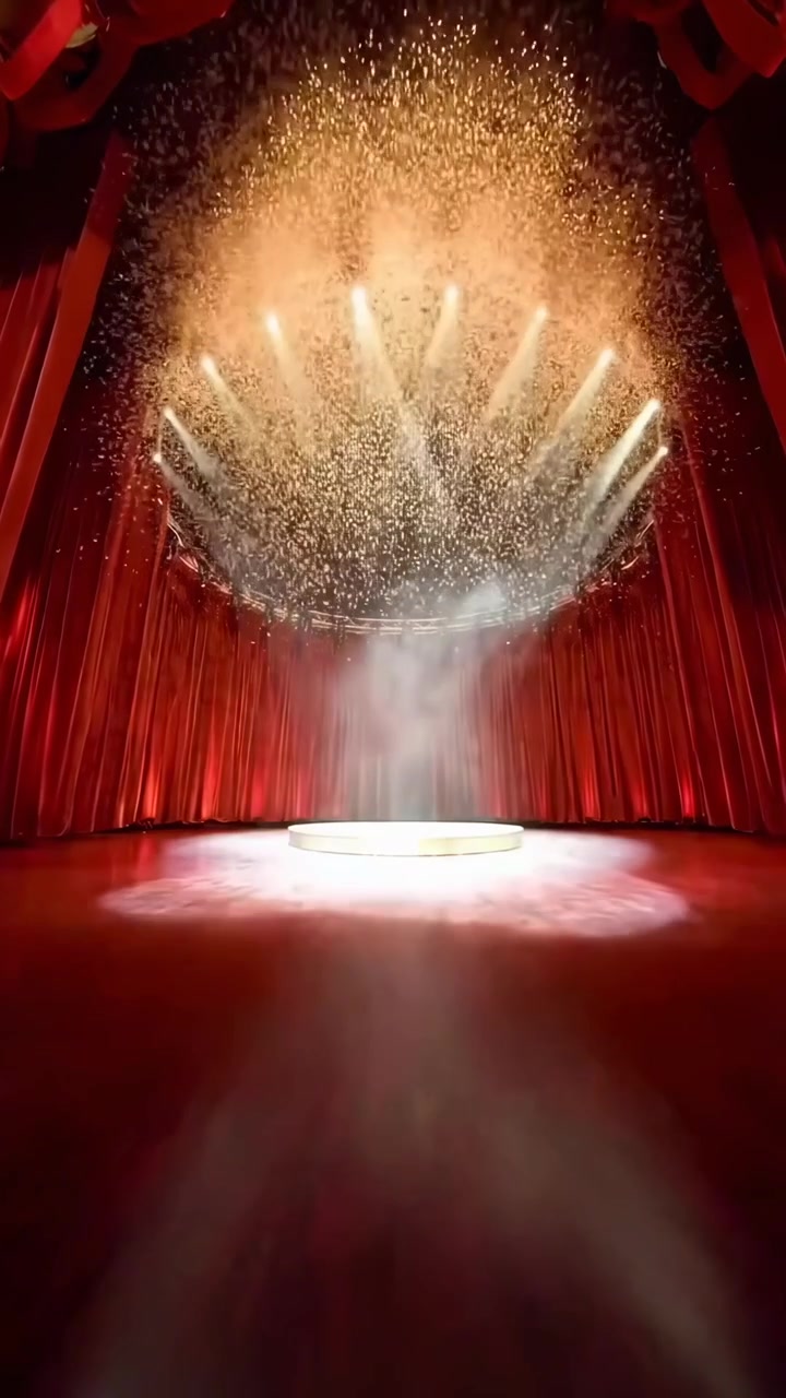 Grande palcoscenico teatrale con sipario rosso, faretti e coriandoli che cadono