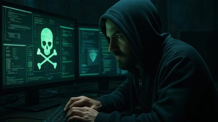 Un hacker in una stanza buia, concentrato su schermi con codice e un teschio