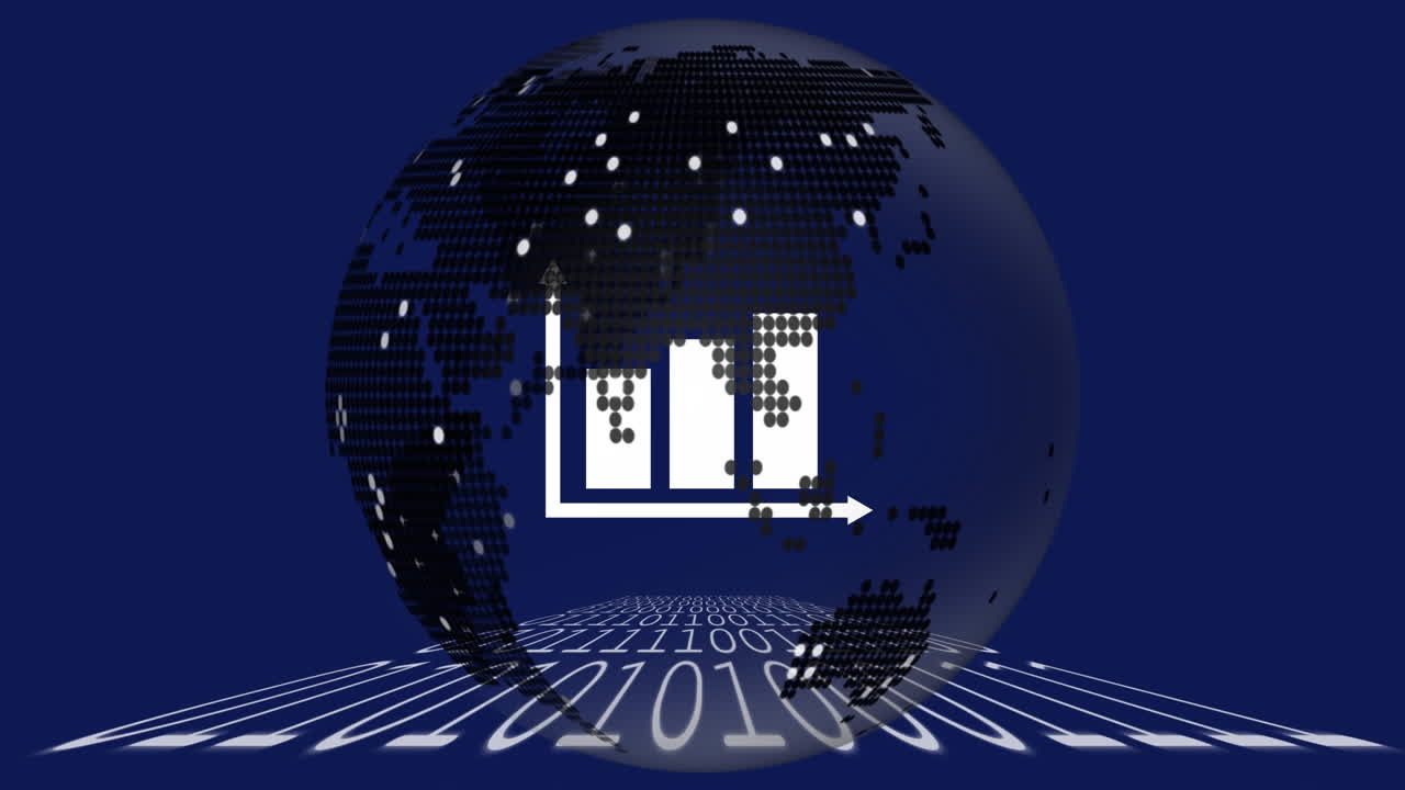 지구 지구, 통계 및 파란색 배경에 바이너리 코딩의 애니메이션