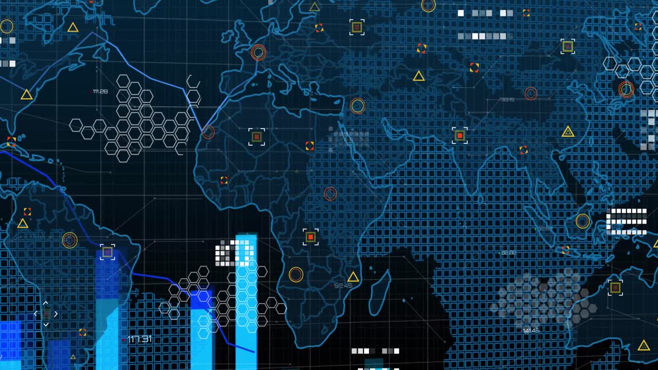 Animation of graphs over world map and icons in navy digital space