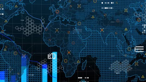 Animation-of-graphs-over-world-map-and-icons-in-navy-digital-space