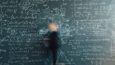 A person writing equations on a chalkboard