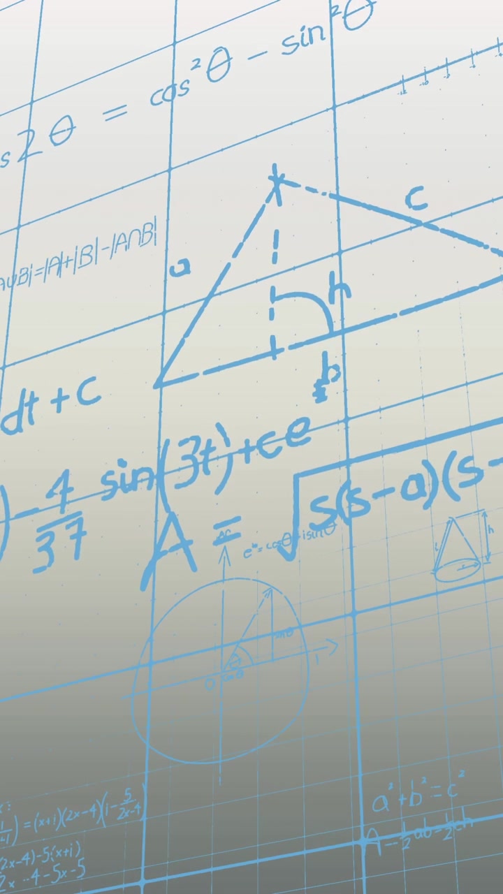 Animazione di equazione e diagramma matematici blu su motivo a griglia su sfondo astratto.