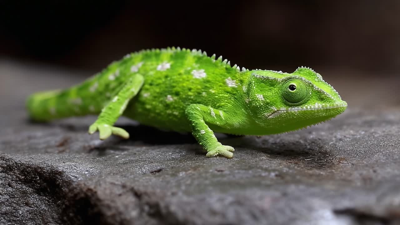 A Close-Up Look at a Vivid Green Lizard With Unique Patterns and Textures, Exploring Its Natural Habitat on a Rock Surface