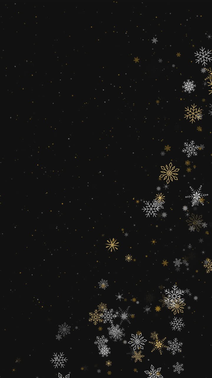 Winter animation with gold falling snowflakes on black background. Glitter snow sparkle pattern. Looped. Vertical video.