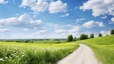 wide-angle shot of a winding path through lush green fields under a blue sky with clouds
