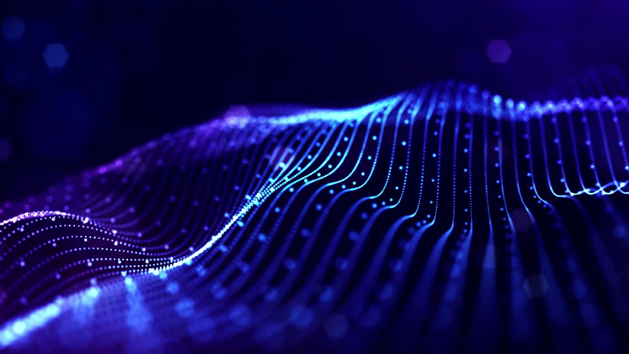 4k looped sci-fi particle background of microworld or space with bokeh and light effects. Glow blue particles form lines, surfaces, complex string structures in smooth motion.