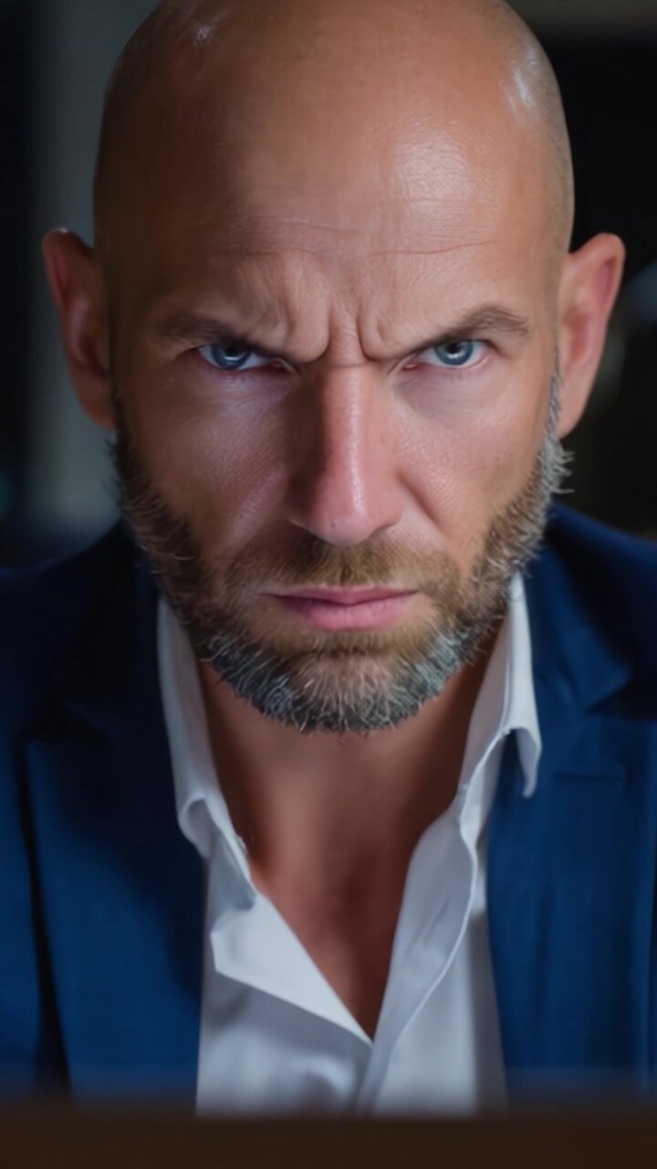 Focus intenso: un primo piano di un uomo serio con la testa calva e una forte espressione facciale in un contesto lavorativo.