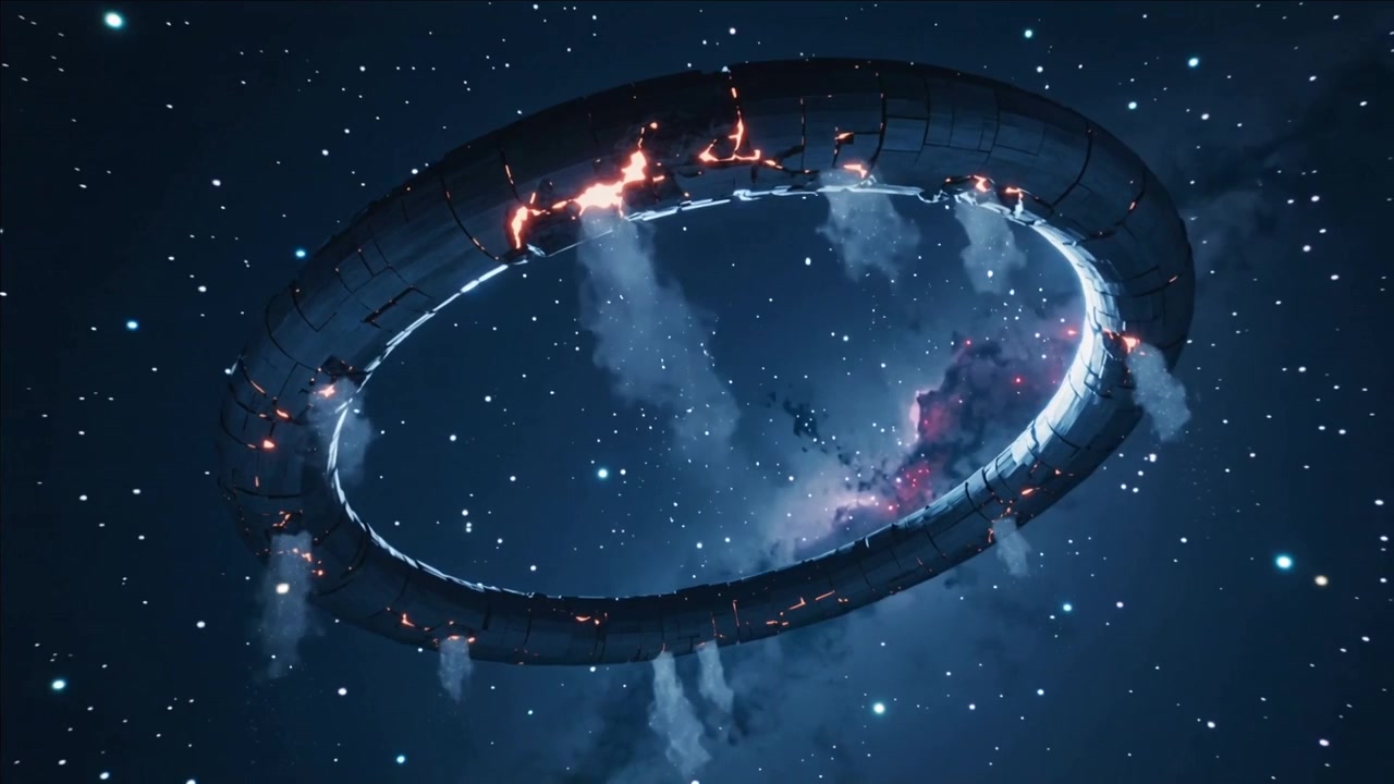 Rotating damaged torus emitting vapor and glowing cracks in deep space, heat driving vents
