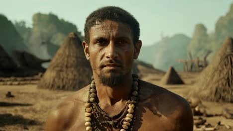 un hombre indígena con un collar se encuentra con una expresión seria en su aldea, mostrando la rica cultura y tradiciones de su comunidad. el entorno refleja su herencia e identidad