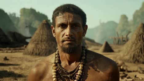 indigenous man wearing a necklace stands with a serious expression in his village, showcasing the rich culture and traditions of his community. the setting reflects his heritage and identity