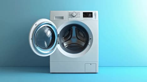 white front-loading washing machine with open door on blue background