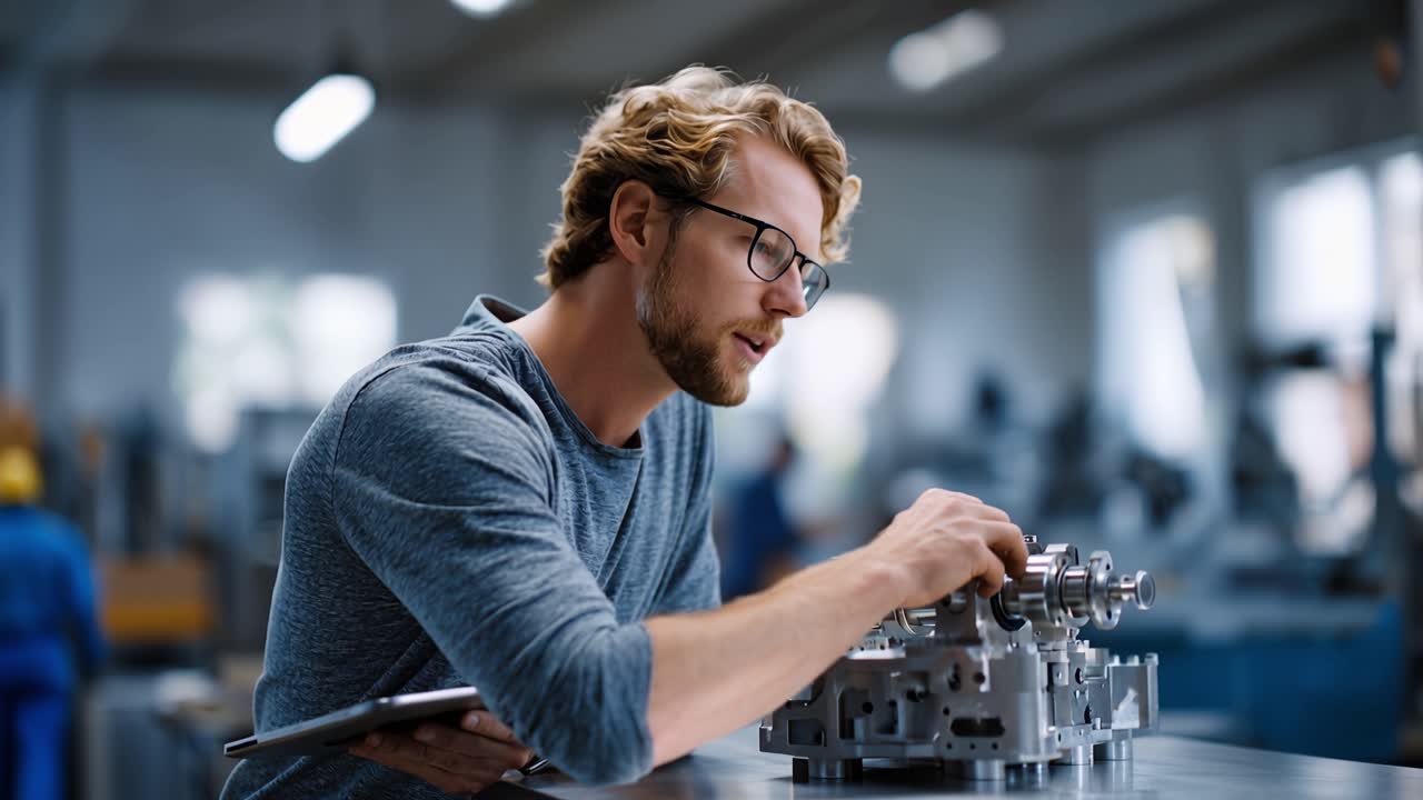 En ung ingeniør gennemgår en enhed med en tablet på et værksted. Han fokuserer på komplekse maskindele i nærheden. Den professionelle atmosfære viser teknisk præcision og innovation. Ideel til fremstillingsindustrien.