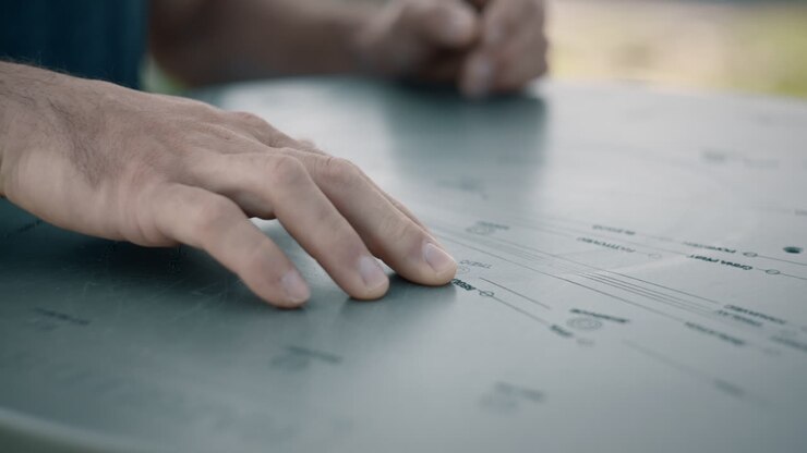 Closeup shot of man hiker hands and finger touching on the metal mountain map on the top of the hill Kum in Slovenia
