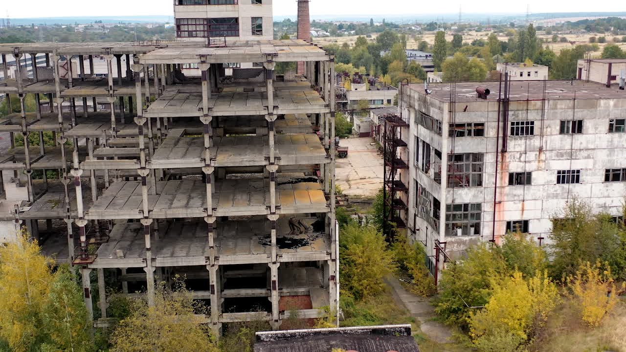 Old destroyed industrial building. Ruined broken city construction industry.