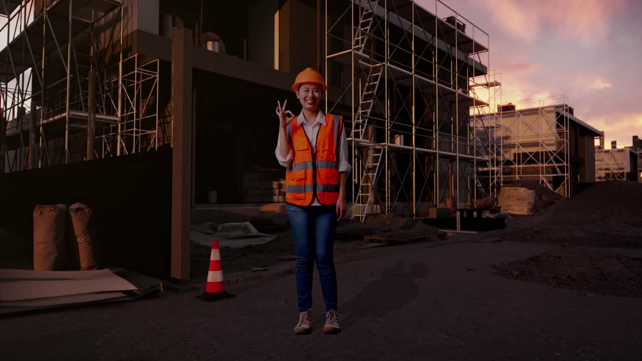 Full Body Of Asian Female Engineer With Safety Helmet Smiling And Showing Okay Gesture To The Camera While Standing At Construction Site in Progress to New House