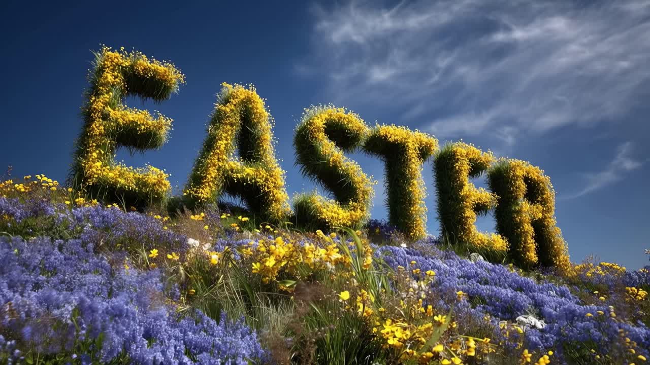 Vivaci lettere pasquali fioriscono con fiori gialli. Fiori viola tappezzano la collina sottostante. Un cielo azzurro limpido incornicia la scena allegra. La luce del sole inonda calorosamente la fioritura. Ideale per la primavera.