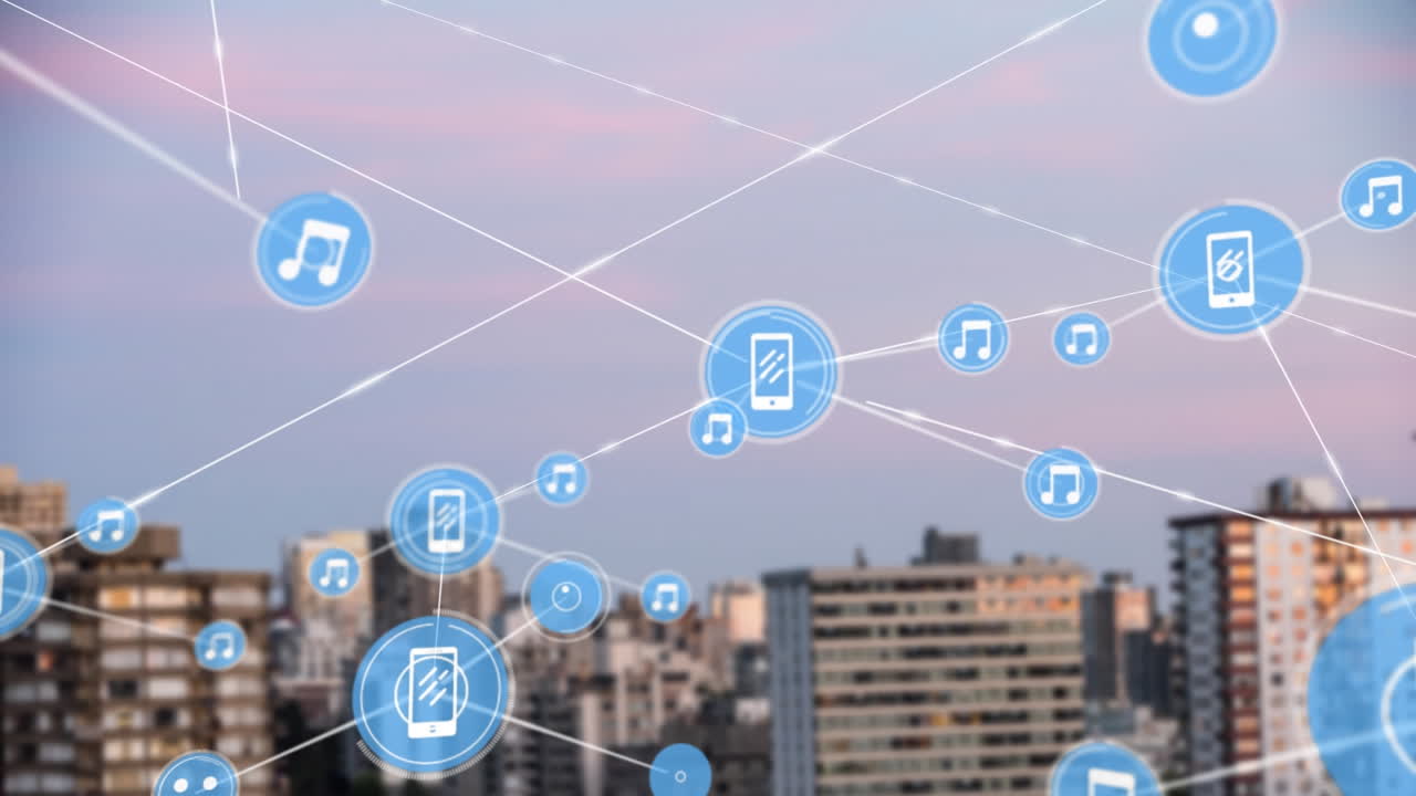 도시 풍경 위의 아이콘으로 연결된 네트워크의 애니메이션