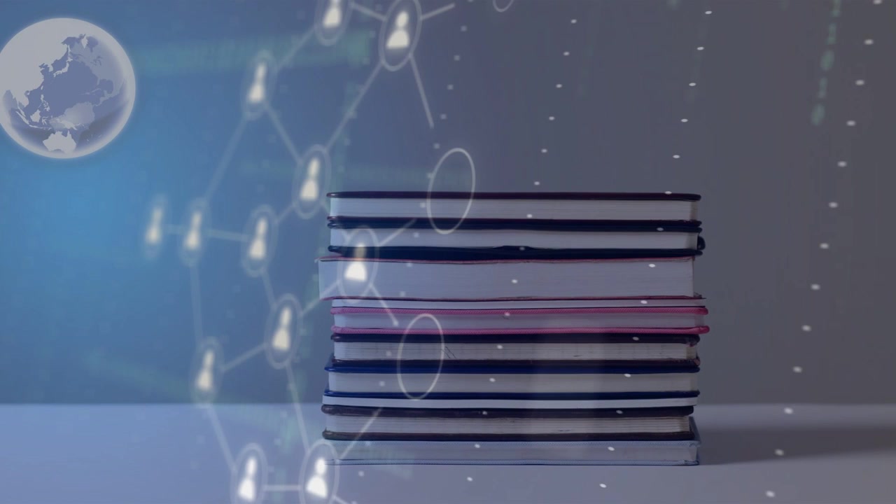 Pannello UI del telefono che appare, pila di quaderni che emette icone di profilo e nodi di collegamento, visualizzando dati.