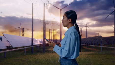 side view of asian female with solar panel and wind turbines, observes by looking up then she come to concentrating on the phone and keep on checking