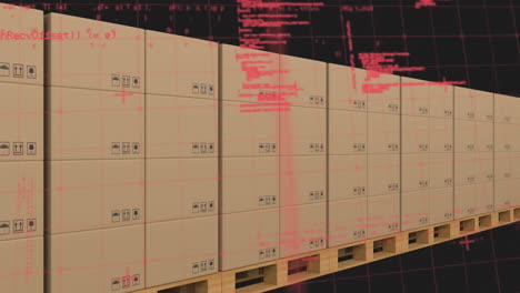 animation of data processing over cardboard boxes on conveyor belt in warehouse