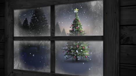 Animation of window view of christmas tree and winter landscape