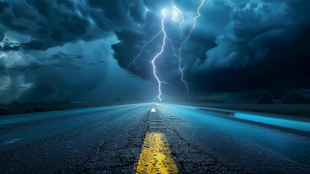 Route de nuit orageuse