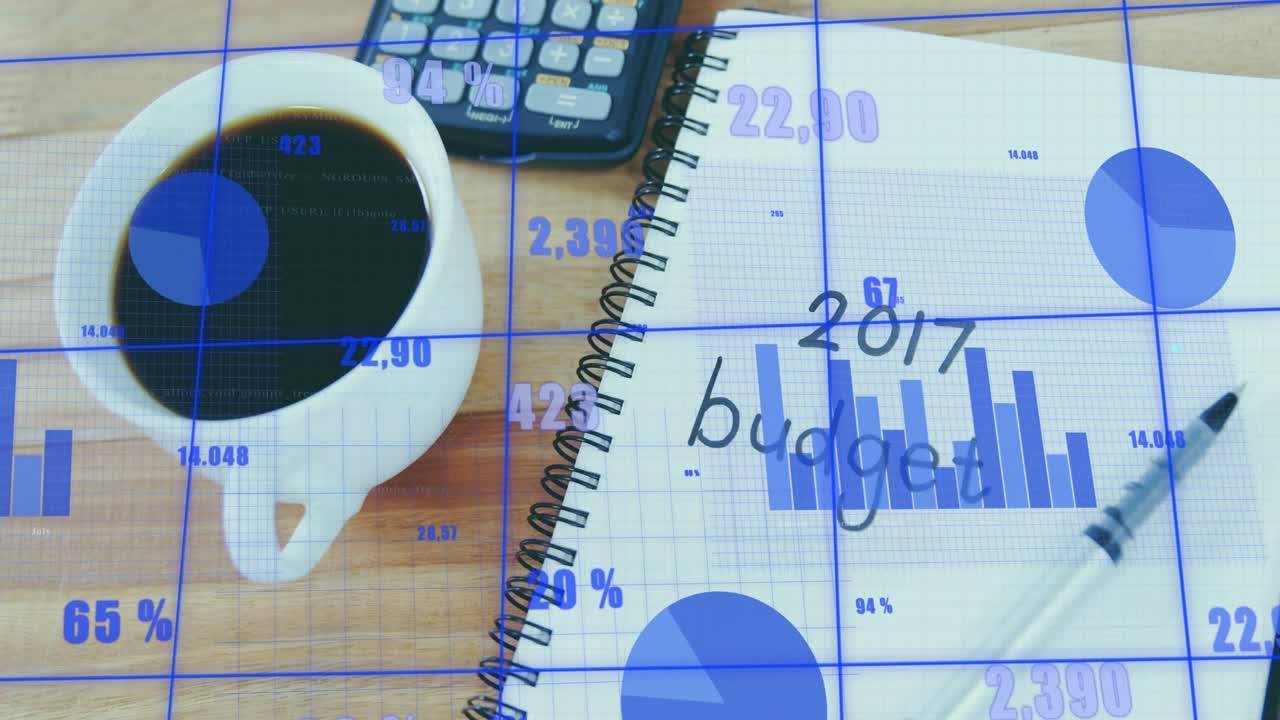 Budget notebook showing data overlays updating causing camera panning revealing mug calculator