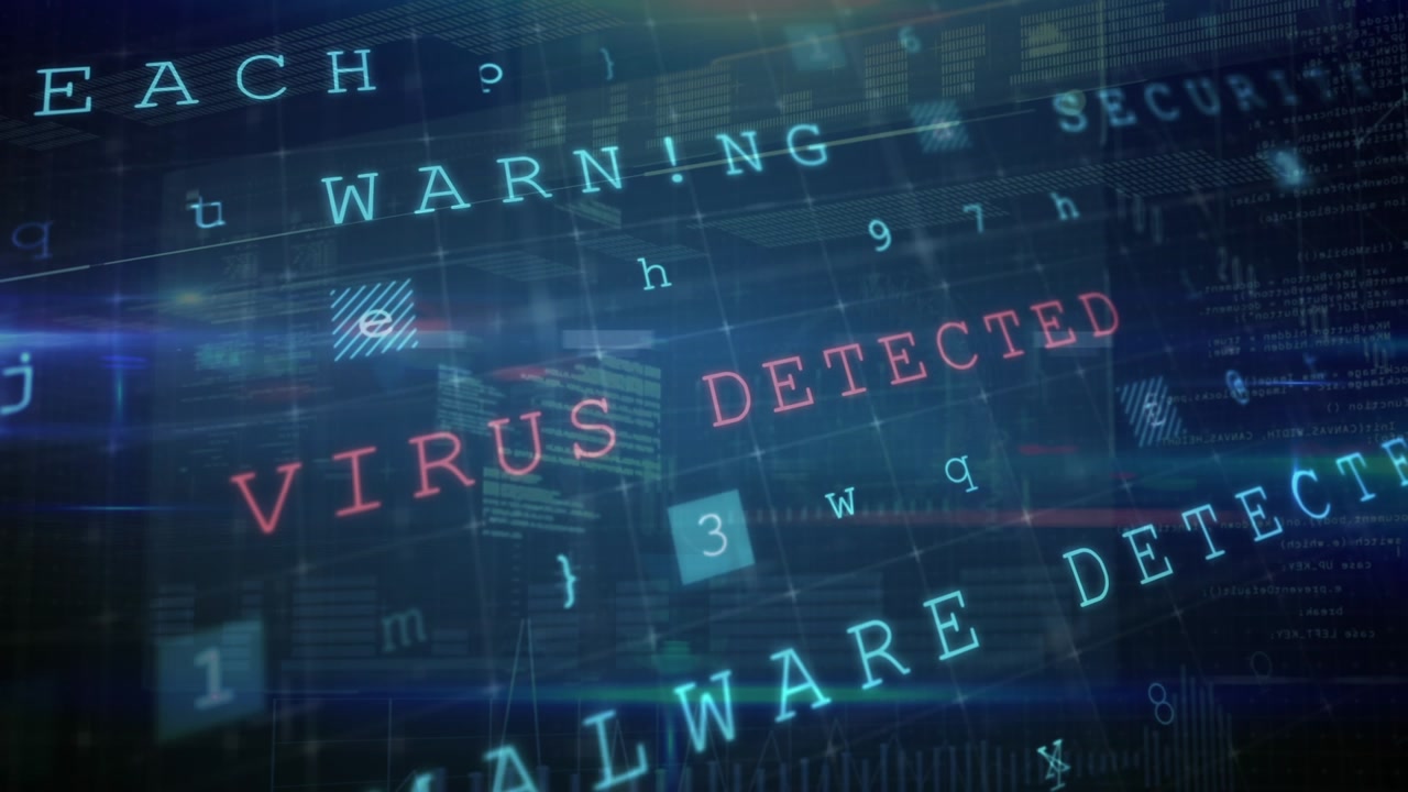 Animation of cyber attack warning over data processing on black background